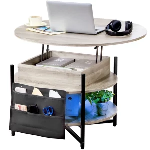 Konferenčný stolík s výklopnou doskou, okrúhly konferenčný stolík s priemerom 35,3 palca a ďalšími úložnými vreckami, skladací konferenčný stolík do obývačky, biely