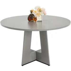 Okrúhly jedálenský kuchynský stôl, drevený (120 cm / nosnosť 90,72 kg) pre 4-6 osôb, rustikálne kancelárske stoly v štýle farmára s hrubými drevenými nohami, do kuchyne, domácnosti, obývačky, sivý (iba stôl)