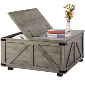 Konferenčný stolík vo farmárskom štýle, 914 mm, štvorcový konferenčný stolík s pántami a veľkým úložným priestorom, rustikálny drevený koktailový stolík do obývačky, spálne, bytu, štúdia