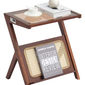 Konferenčný stolík z ratanu, v tvare Z, tkaný bambusový ratan s doskou z tvrdeného skla, 50 cm, moderný boho konferenčný stolík s úložným priestorom a nohami, do obývačky, spálne