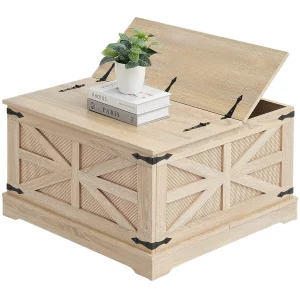 Konferenčný stolík z ratanu, obdĺžnikový konferenčný stolík vyrobený z PE ratanu a tkaného dreva s MDF doskou, 80 cm, moderný boho konferenčný stolík s úložným priestorom a retro kovovými pántami, do obývačky, spálne