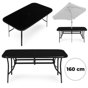 Záhradný stôl 160x90 cm z tvrdeného skla s otvorom na slnečník, čierny MultiGarden