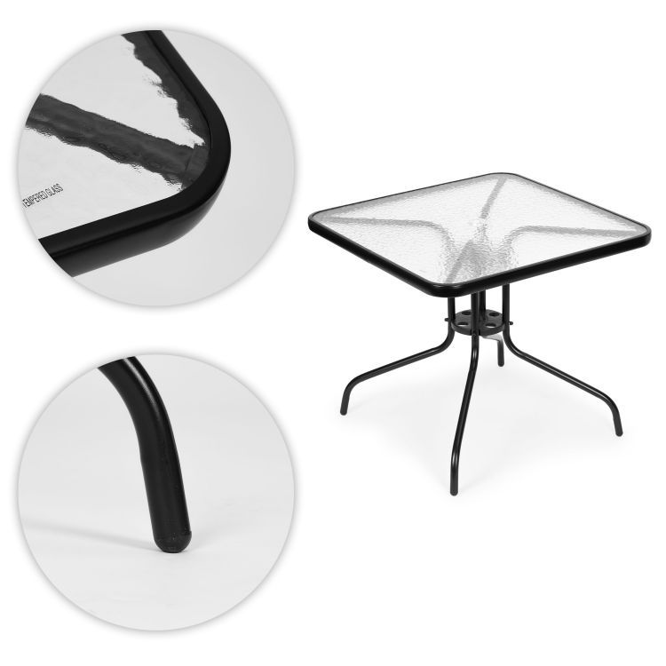 Záhradný stôl 80x80 cm na terasu, záhradu, balkón, tvrdené sklo, otvor na slnečník, MultiGarden – Obrázok 4
