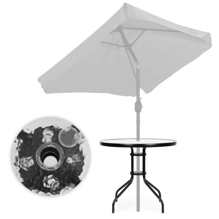 Okrúhly záhradný stôl 80 cm na terasu, záhradu, balkón, tvrdené sklo, otvor na slnečník, MultiGarden