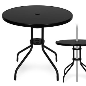 Okrúhly záhradný stôl 80 cm, tvrdené sklo, otvor na slnečník, čierny, MultiGarden