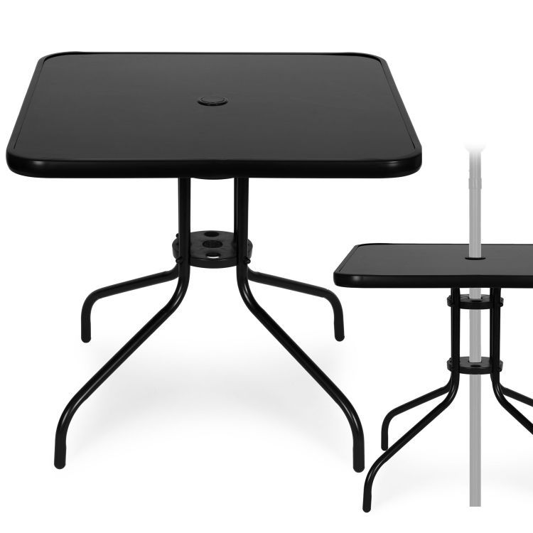 Štvorcový záhradný stôl 80 cm, tvrdené sklo, otvor na slnečník, čierny, MultiGarden – Obrázok 5