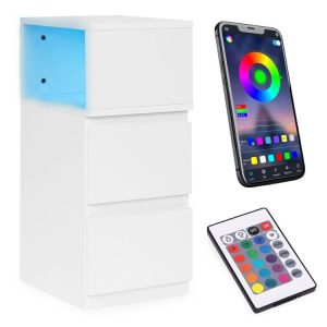 Nočný stolík s LED osvetlením, 2-zásuvkový spálňový stolík, biely, ModernHome