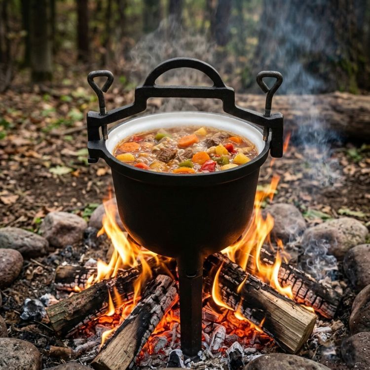 Liatinový smaltovaný kotol 10L, stojaci poľovnícky hrniec, gril na oheň MultiGarden – Obrázok 7