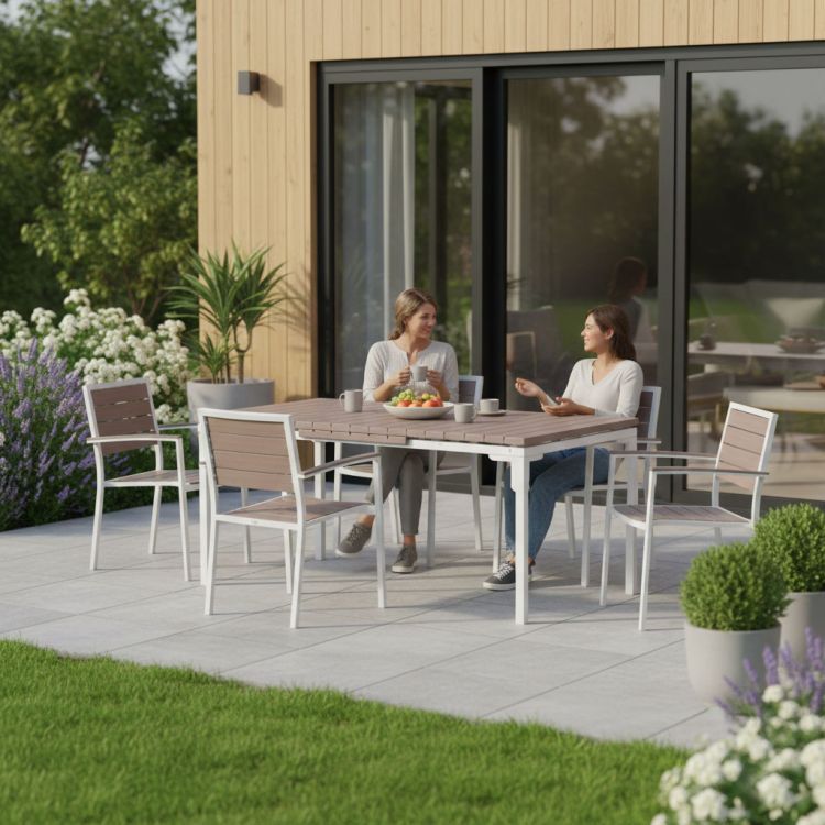 Rozkladací záhradný stôl 180-240 cm, až 12 miest na sedenie, HDPE oceľ, béžová, MultiGarden – Obrázok 4