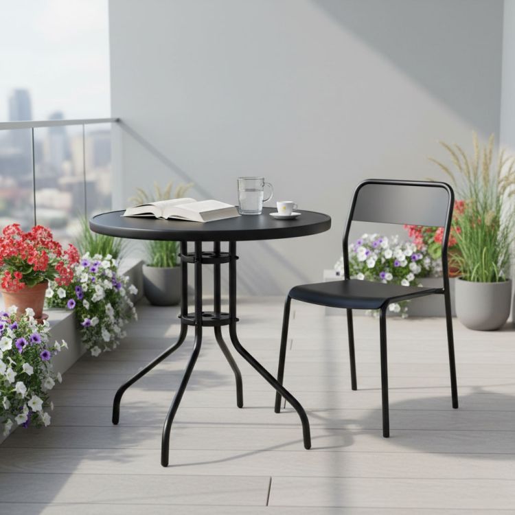 Okrúhly záhradný stôl 80 cm, tvrdené sklo, otvor na slnečník, čierny, MultiGarden – Obrázok 4