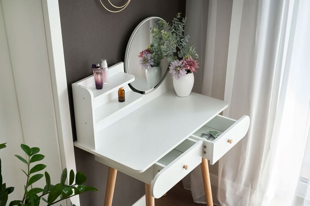 Veľký moderný kozmetický toaletný stolík, zrkadlo, police, ModernHome – Obrázok 5