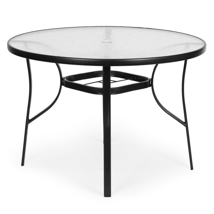 Okrúhly záhradný stôl 105 cm na terasu, záhradu, balkón, tvrdené sklo, otvor na slnečník, MultiGarden – Obrázok 5