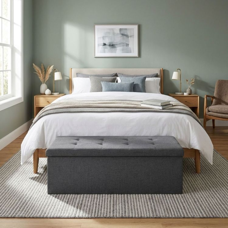 Prešívaná taburetka 111x38 cm s úložným priestorom, čalúnená komoda, tmavosivá, ModernHome – Obrázok 4