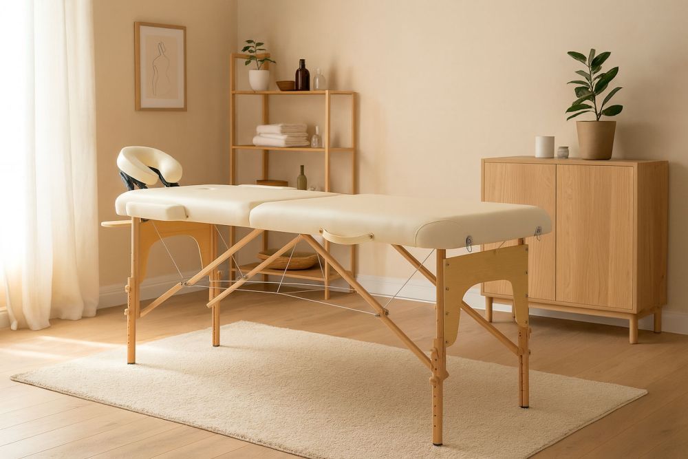 Drevený masážny a rehabilitačný stôl, 2-segmentový, skladací do kufra + tašky ModernHome – Obrázok 7