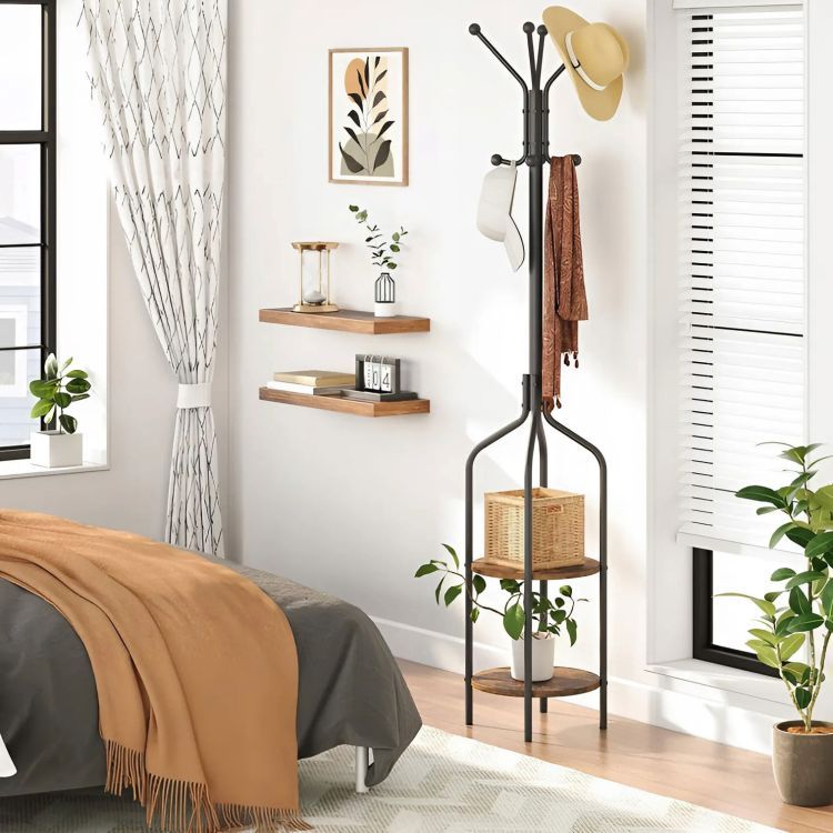 Stojanový vešiak s policami, 8 háčikov, 180 cm, čierny kov, ModernHome – Obrázok 4