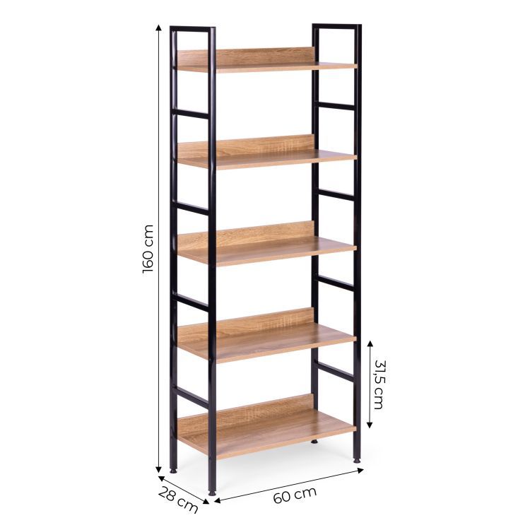 Vysoká loftová polica, 5 políc, kov, MDF, ModernHome – Obrázok 6