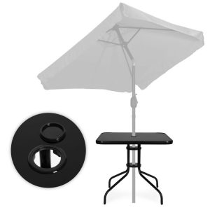 Štvorcový záhradný stôl 80 cm, tvrdené sklo, otvor na slnečník, čierny, MultiGarden