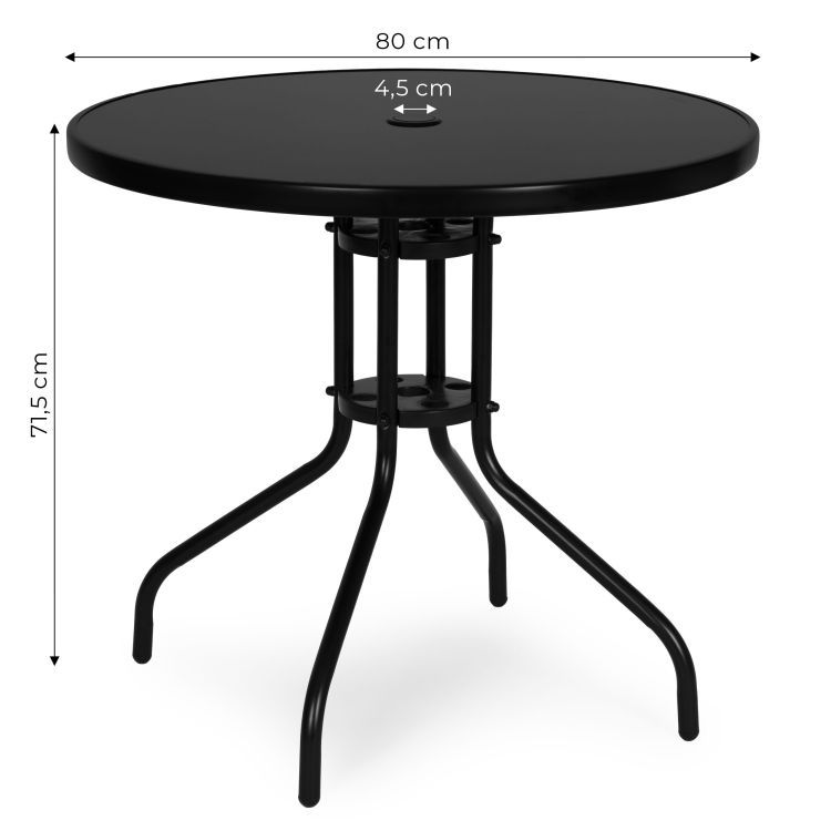 Okrúhly záhradný stôl 80 cm, tvrdené sklo, otvor na slnečník, čierny, MultiGarden – Obrázok 2