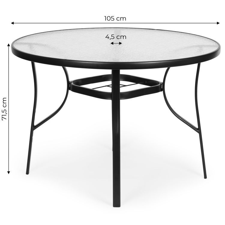 Okrúhly záhradný stôl 105 cm na terasu, záhradu, balkón, tvrdené sklo, otvor na slnečník, MultiGarden – Obrázok 2