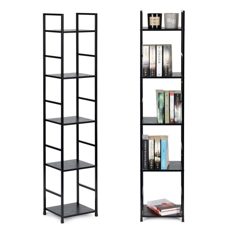 Moderná drevená polica s kovovým rámom, LOFT, 5 políc, čierna, ModernHome
