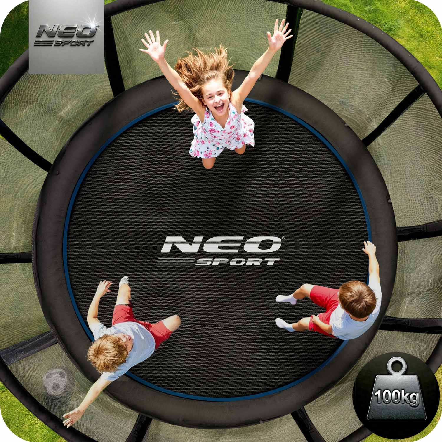 Záhradná trampolína Neo-Sport s dĺžkou 374 cm a vonkajšou sieťou a rebríkom – Obrázok 5