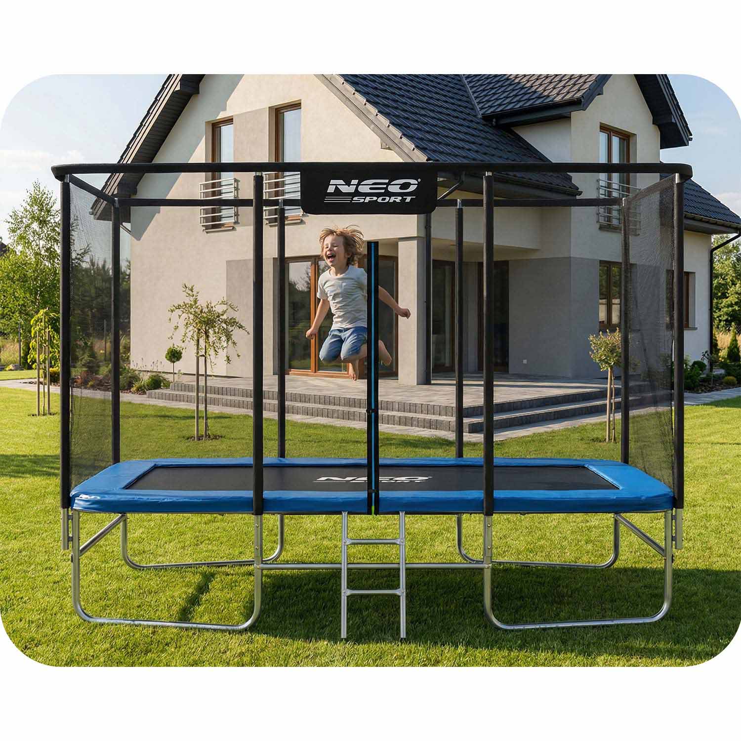 Obdĺžniková záhradná trampolína 14x10 stôp/427x305 cm s vonkajšou sieťou a rebríkom Neo-Sport – Obrázok 10