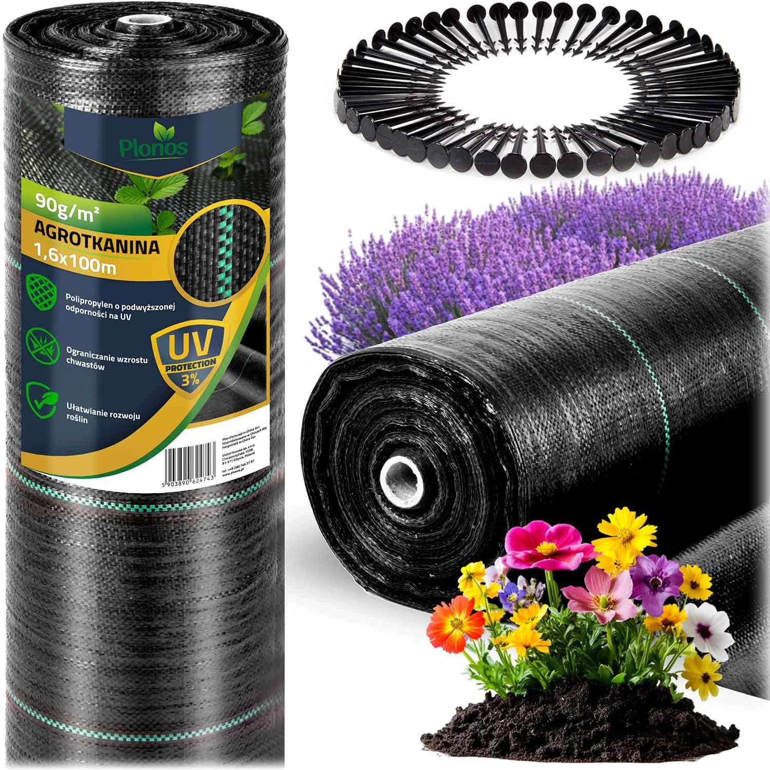 Záhradná agrotextília 1,6 m x 100 m 90 g/m2 + 100 špendlíkov Plonos - čierna
