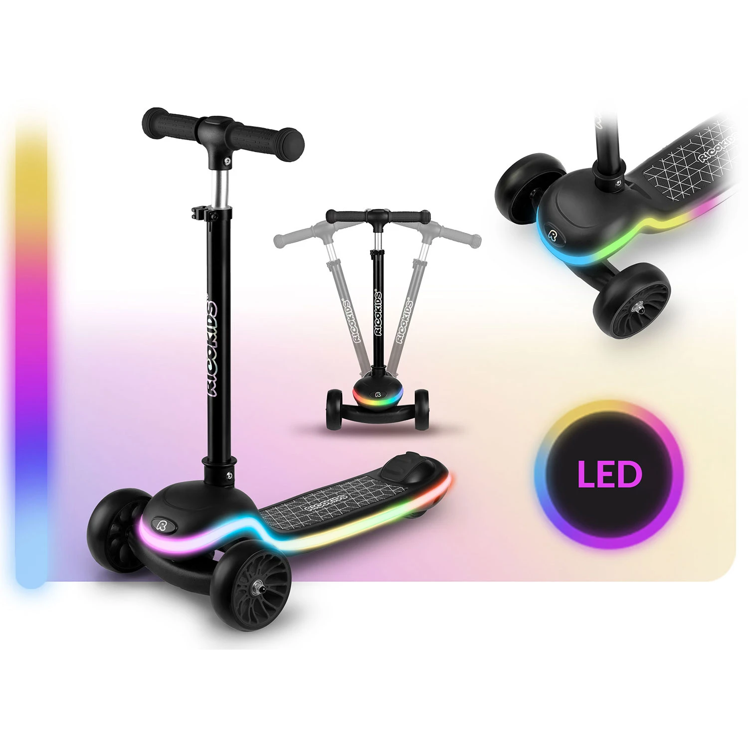 Ricokids Leddi trojkolesová LED balančná kolobežka pre deti - čierna – Obrázok 3