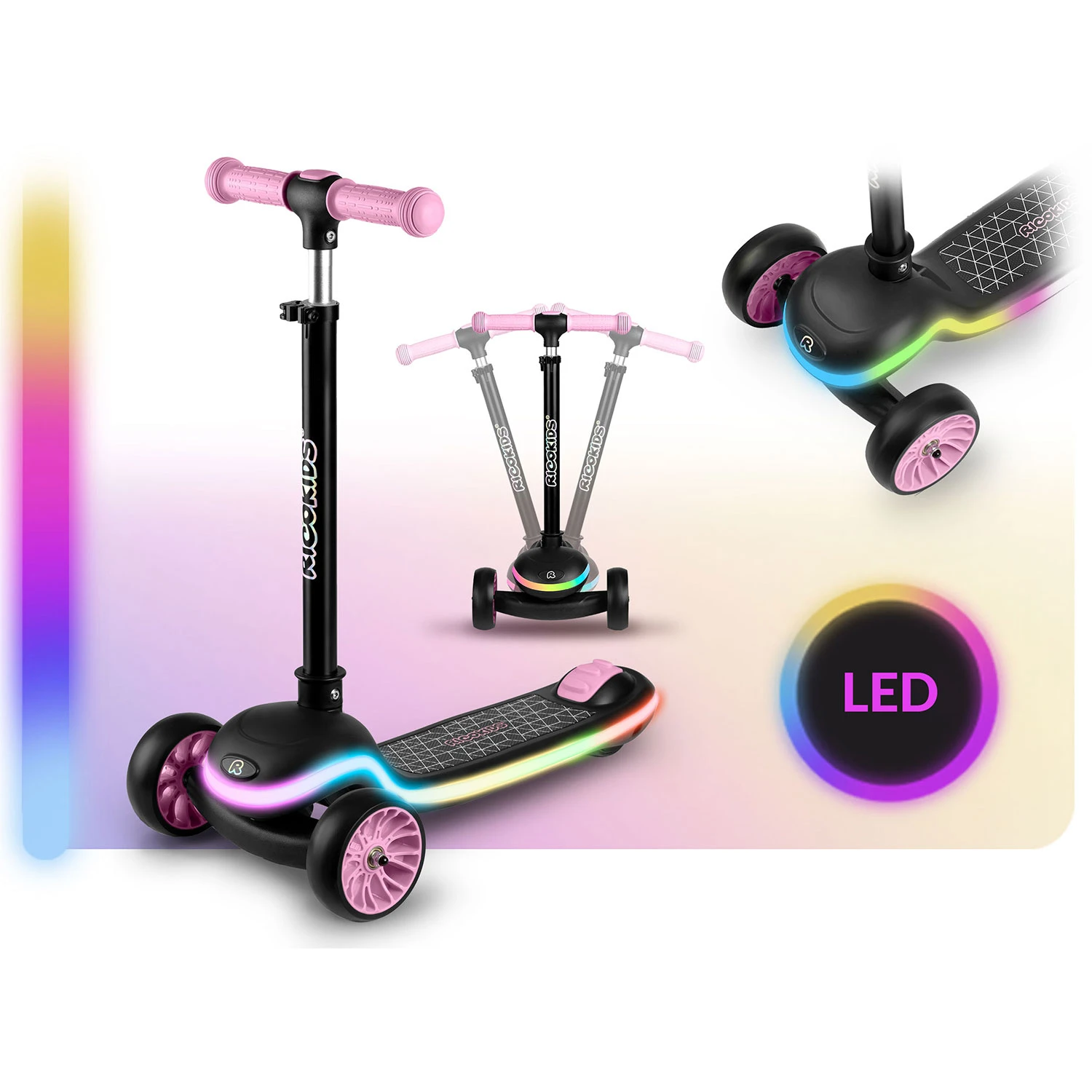 Ricokids Leddi trojkolesová LED balančná kolobežka pre deti - čierna a ružová – Obrázok 3