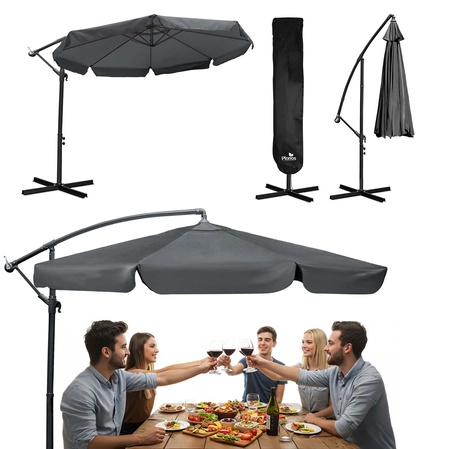 Skladací záhradný slnečník, 8 segmentov, 350 cm, s krytom, Plonos PL-881