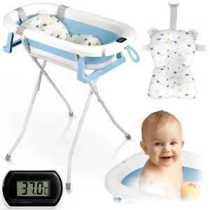 Skladacia vaňa pre deti, dojčatá s rámom, teplomerom a vložkou Ricokids RK-287 biela a modrá